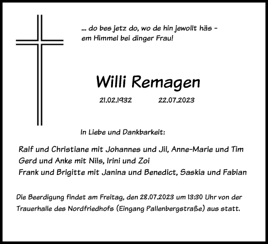 Anzeige von Willi Remagen von Kölner Stadt-Anzeiger / Kölnische Rundschau / Express