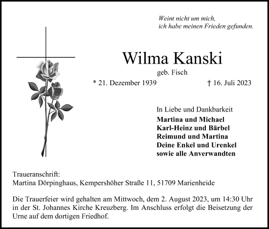 Anzeige von Wilma Kanski von Kölner Stadt-Anzeiger / Kölnische Rundschau / Express