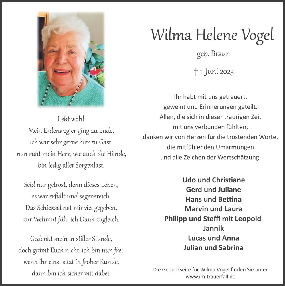  Traueranzeige für Wilma Helene Vogel vom 14.07.2023 aus  Lokalanzeiger 