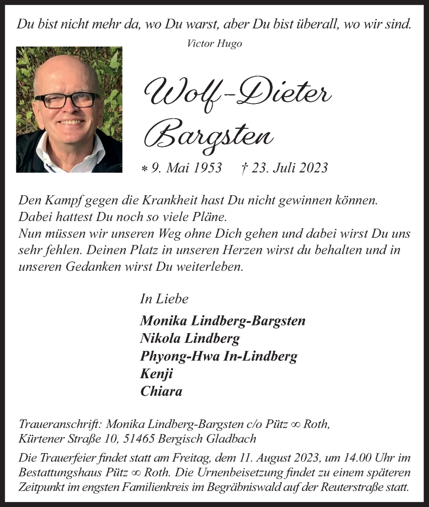  Traueranzeige für Wolf-Dieter Bargsten vom 29.07.2023 aus Kölner Stadt-Anzeiger / Kölnische Rundschau / Express