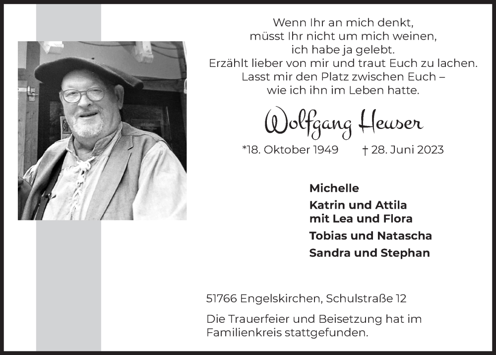 Traueranzeige für Wolfgang Heuser vom 14.07.2023 aus  Anzeigen Echo 