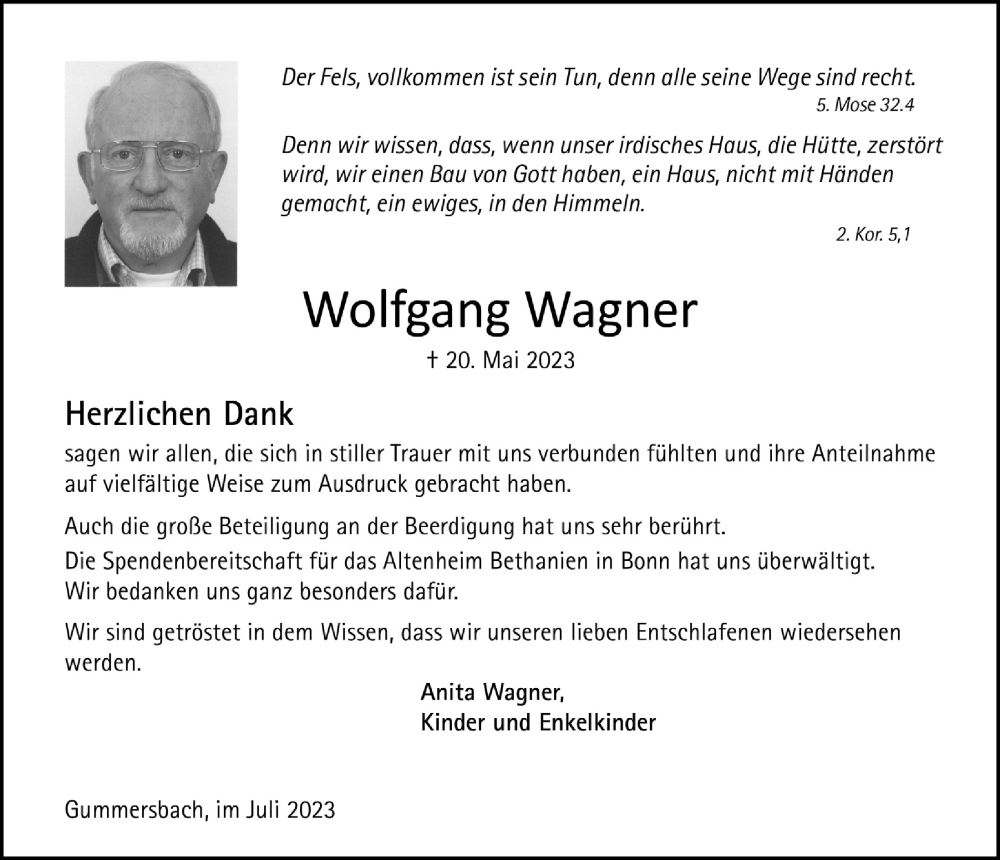  Traueranzeige für Wolfgang Wagner vom 28.07.2023 aus  Anzeigen Echo 