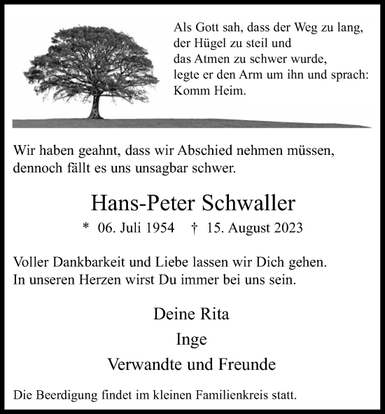Anzeige von Hans-Peter Schwaller von KÖLNER STADT-ANZEIGER / KÖLNISCHE RUNDSCHAU / EXPRESS