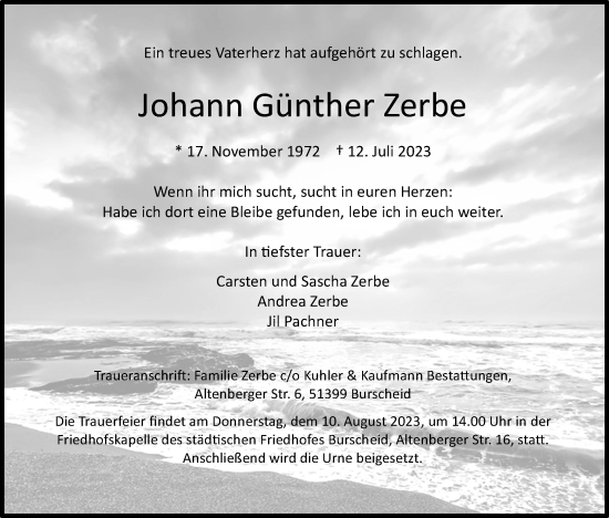 Anzeige von Johann Günther Zerbe 