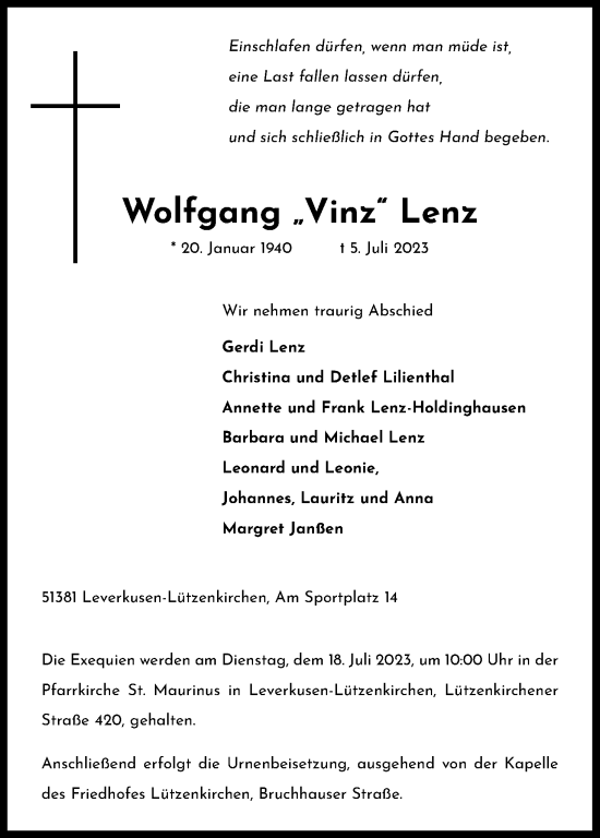 Anzeige von Wolfgang Lenz von Leverkusener Anzeiger