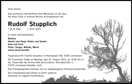 Anzeige von Rudolf Stupplich von Leverkusener Anzeiger