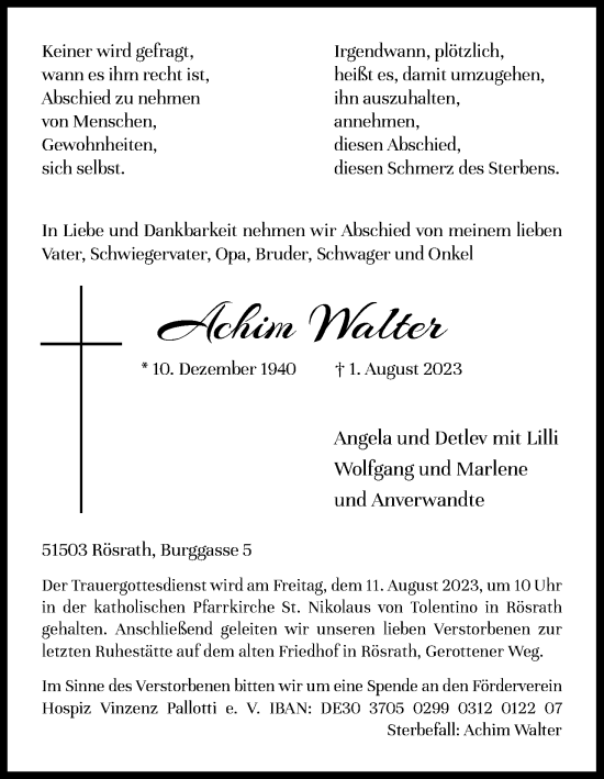 Anzeige von Achim Walter von Kölner Stadt-Anzeiger / Kölnische Rundschau / Express