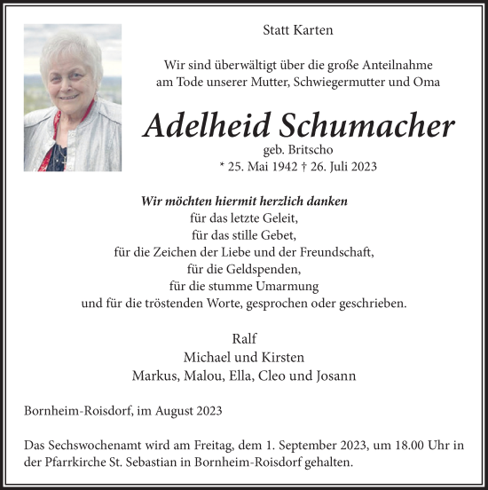 Anzeige von Adelheid Schumacher von  Schaufenster/Blickpunkt 