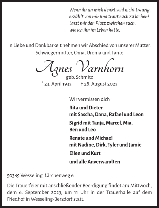Anzeige von Agnes Varnhorn von  Schlossbote/Werbekurier 