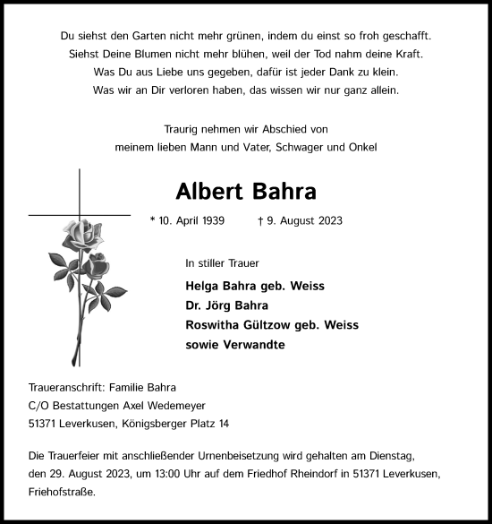 Anzeige von Albert Bahra von Kölner Stadt-Anzeiger / Kölnische Rundschau / Express