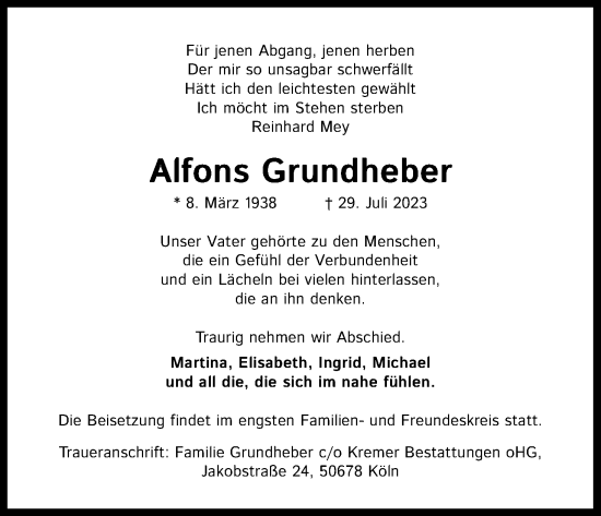 Anzeige von Alfons Grundheber von Kölner Stadt-Anzeiger / Kölnische Rundschau / Express