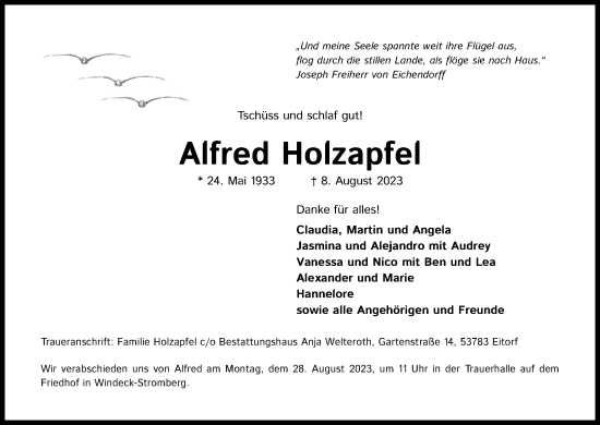 Anzeige von Alfred Holzapfel von Kölner Stadt-Anzeiger / Kölnische Rundschau / Express