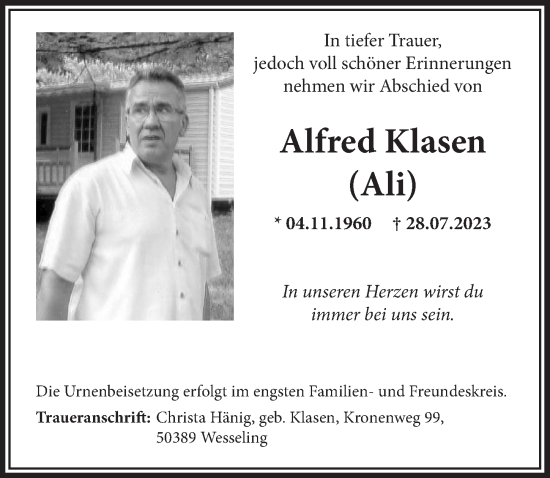 Anzeige von Alfred Klasen von  Schlossbote/Werbekurier 