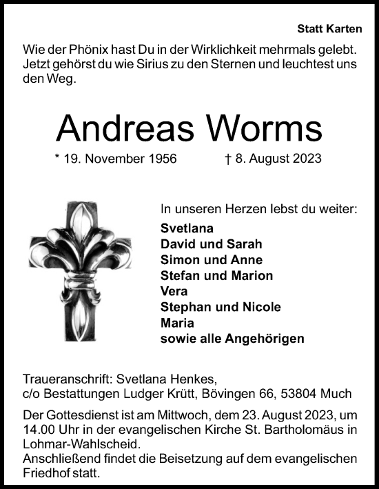 Anzeige von Andreas Worms von Kölner Stadt-Anzeiger / Kölnische Rundschau / Express