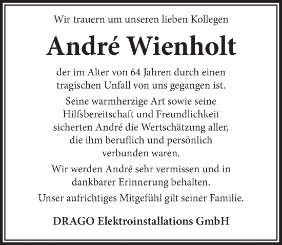 Anzeige von André Wienholt von  Anzeigen Echo 