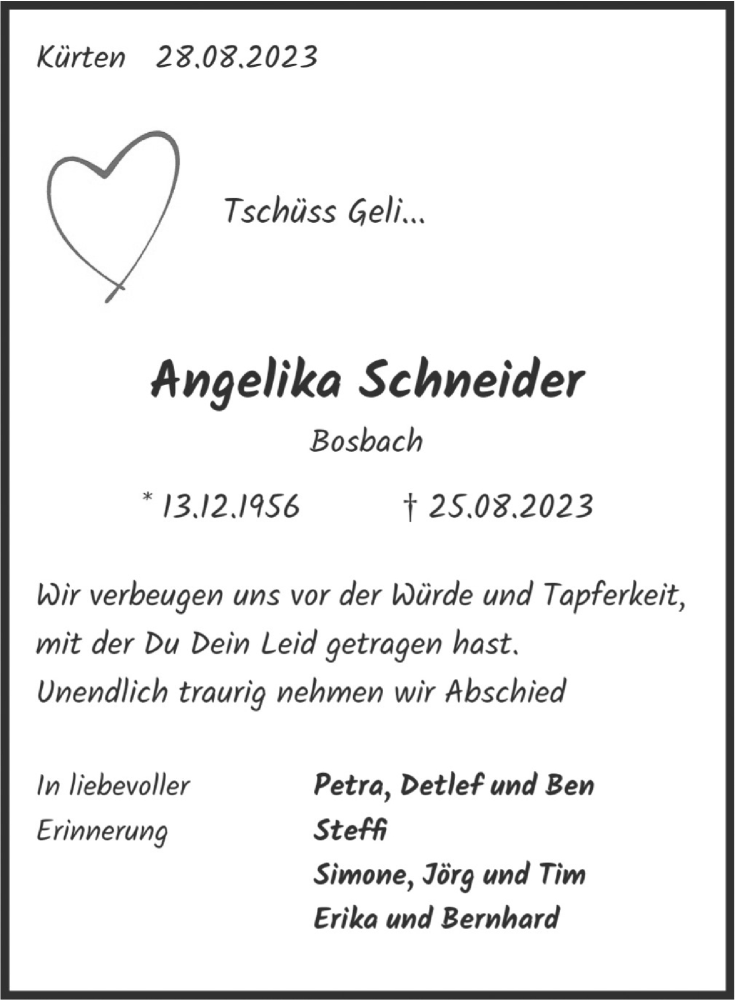  Traueranzeige für Angelika Schneider vom 01.09.2023 aus  Bergisches Handelsblatt 