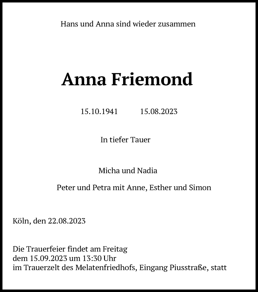  Traueranzeige für Anna Friemond vom 26.08.2023 aus Kölner Stadt-Anzeiger / Kölnische Rundschau / Express