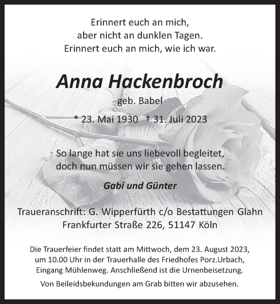 Anzeige von Anna Hackenbroch von  EXPRESS - Die Woche 