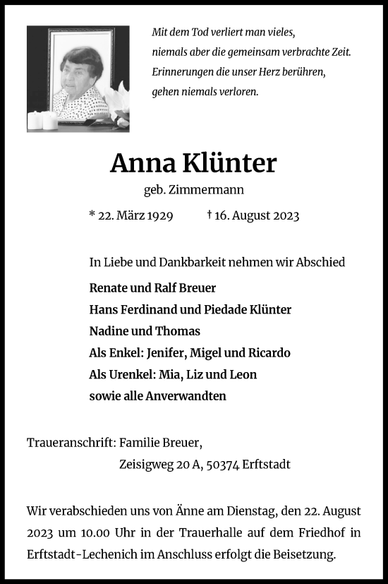 Anzeige von Anna Klünter von Kölner Stadt-Anzeiger / Kölnische Rundschau / Express