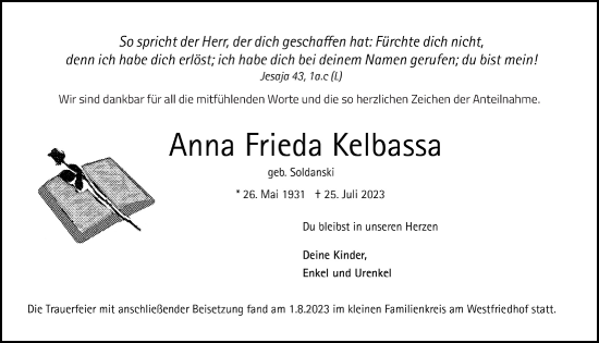 Anzeige von Anna Frieda Kelbassa von  Anzeigen Echo 