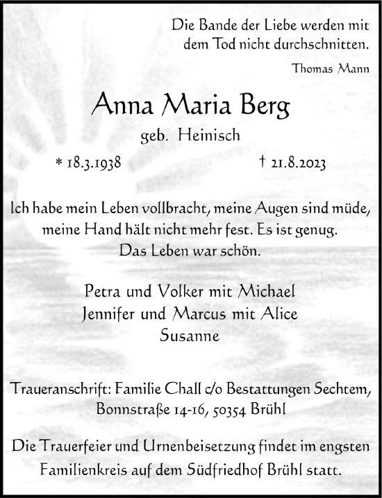 Anzeige von Anna Maria Berg von  Schlossbote/Werbekurier 