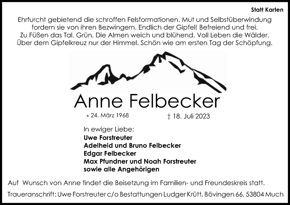  Traueranzeige für Anne Felbecker vom 05.08.2023 aus Kölner Stadt-Anzeiger / Kölnische Rundschau / Express