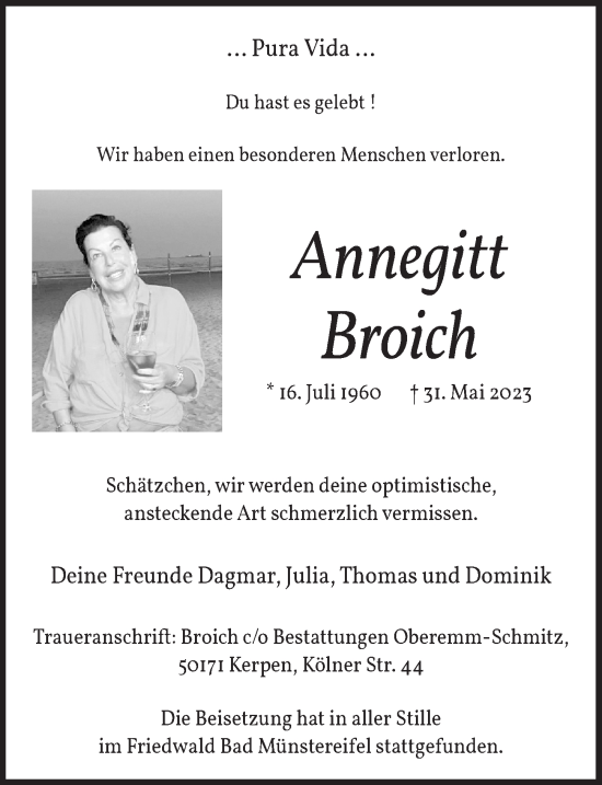 Anzeige von Annegitt Broich von  Werbepost 