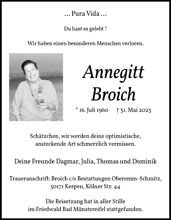 Anzeige von Annegitt Broich von Kölner Stadt-Anzeiger / Kölnische Rundschau / Express