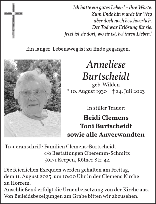 Anzeige von Anneliese Burtscheidt von  Werbepost 