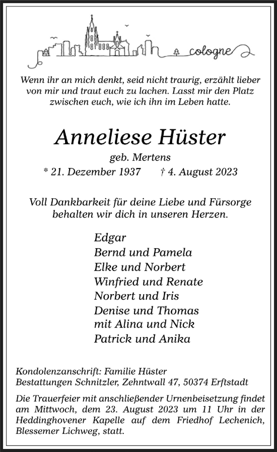 Anzeige von Anneliese Hüster von  Werbepost 