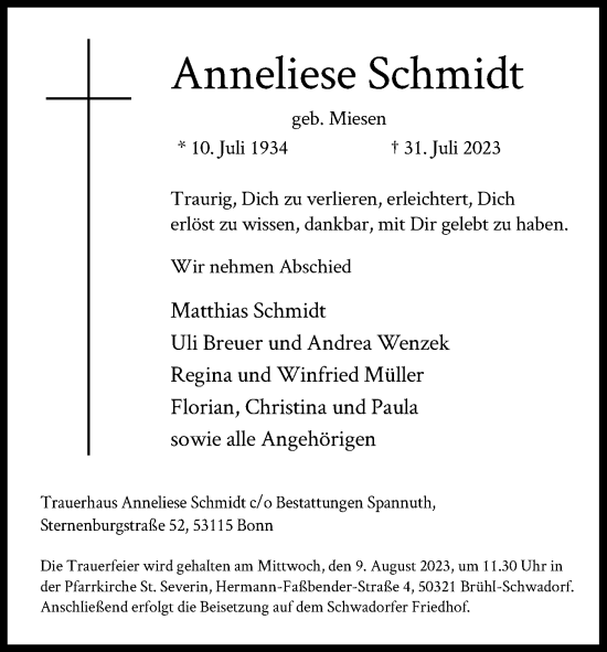 Anzeige von Anneliese Schmidt von Kölner Stadt-Anzeiger / Kölnische Rundschau / Express
