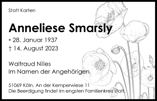 Anzeige von Anneliese Smarsly von Kölner Stadt-Anzeiger / Kölnische Rundschau / Express