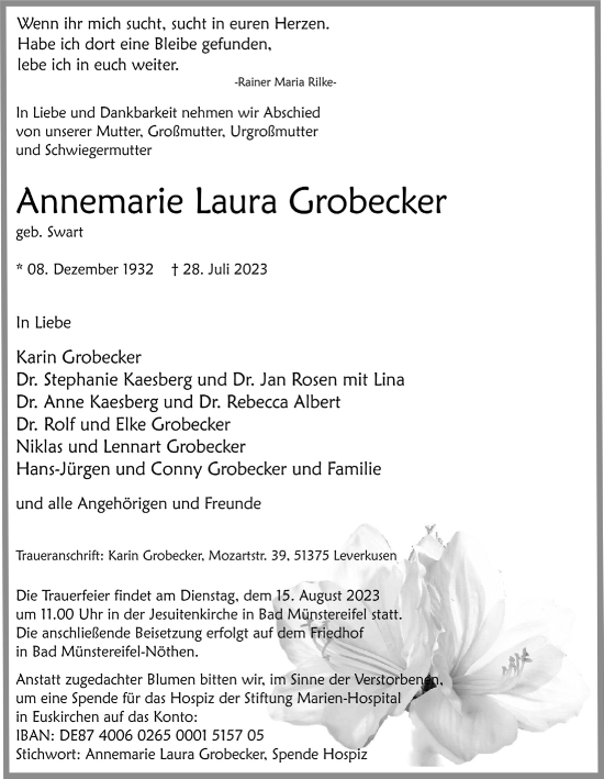 Anzeige von Annemarie Laura Grobecker von  Blickpunkt Euskirchen 