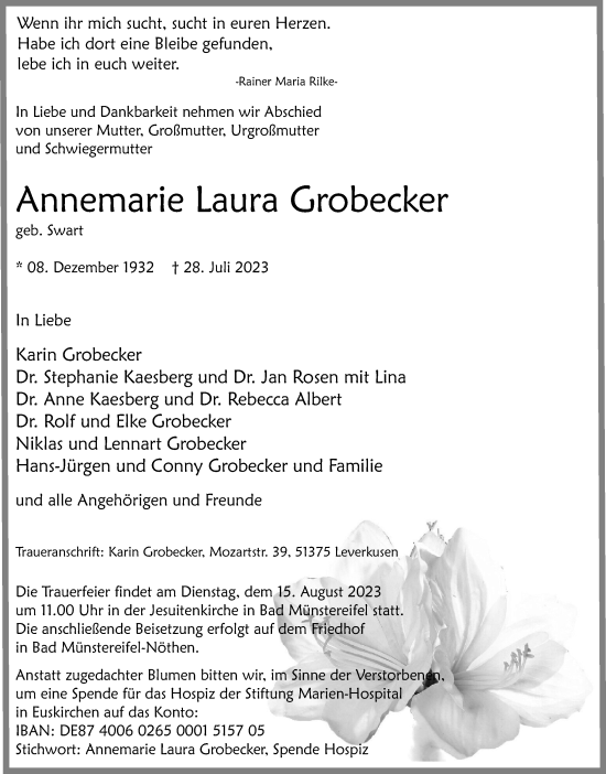 Anzeige von Annemarie Laura Grobecker von Kölner Stadt-Anzeiger / Kölnische Rundschau / Express