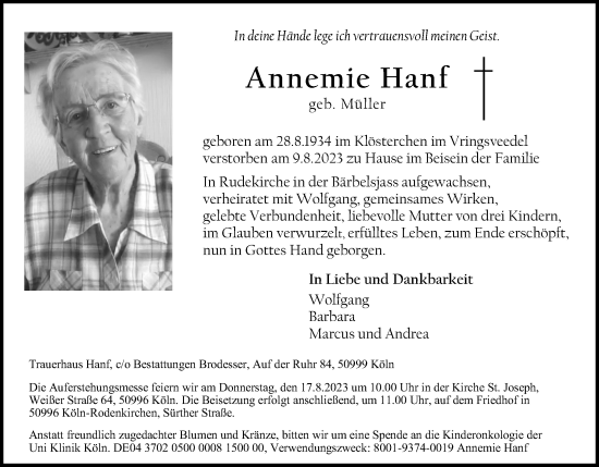 Anzeige von Annemie Hanf von Kölner Stadt-Anzeiger / Kölnische Rundschau / Express