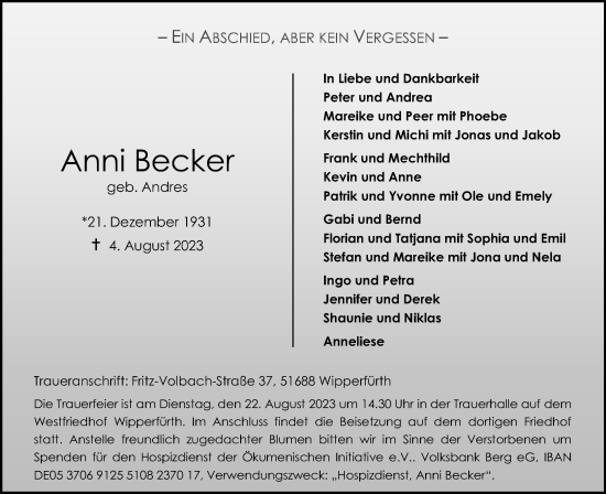Anzeige von Anni Becker von Kölner Stadt-Anzeiger / Kölnische Rundschau / Express