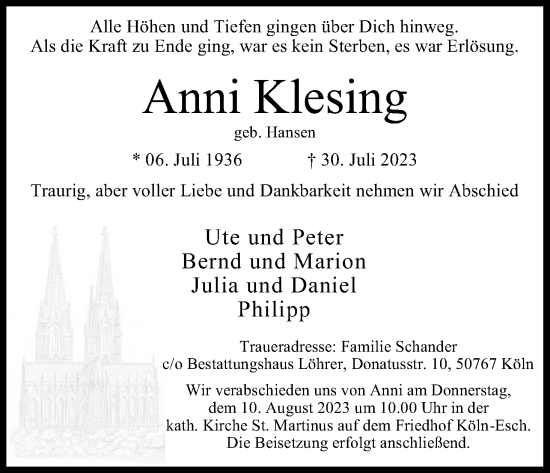 Anzeige von Anni Klesing von Kölner Stadt-Anzeiger / Kölnische Rundschau / Express