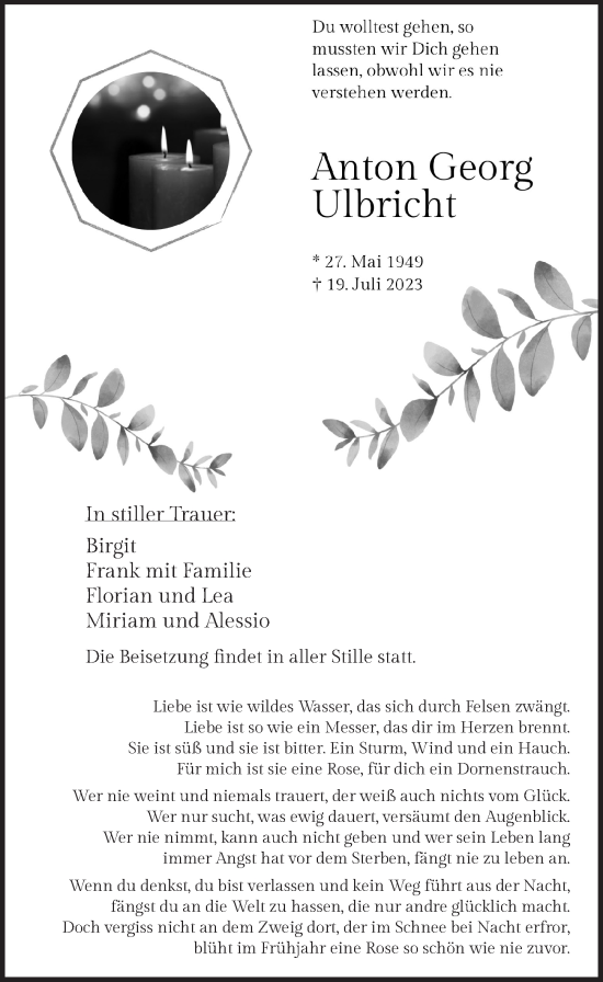 Anzeige von Anton Georg Ulbricht von  Wochenende 