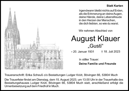 Anzeige von August Klauer von Kölner Stadt-Anzeiger / Kölnische Rundschau / Express