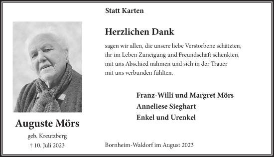 Anzeige von Auguste Mörs von  Schaufenster/Blickpunkt  Schlossbote/Werbekurier 