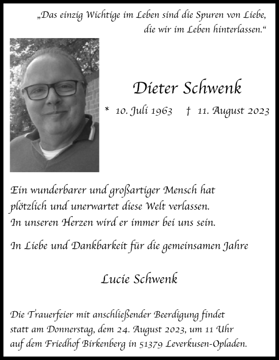 Anzeige von Dieter Schwenk von KÖLNER STADT-ANZEIGER / KÖLNISCHE RUNDSCHAU / EXPRESS