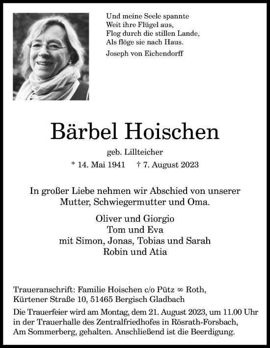 Anzeige von Bärbel Hoischen von Kölner Stadt-Anzeiger / Kölnische Rundschau / Express