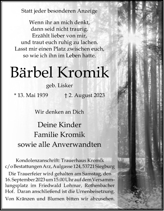 Anzeige von Bärbel Kromik von Kölner Stadt-Anzeiger / Kölnische Rundschau / Express
