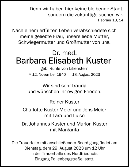 Anzeige von Barbara Elisabeth Kuster von Kölner Stadt-Anzeiger / Kölnische Rundschau / Express