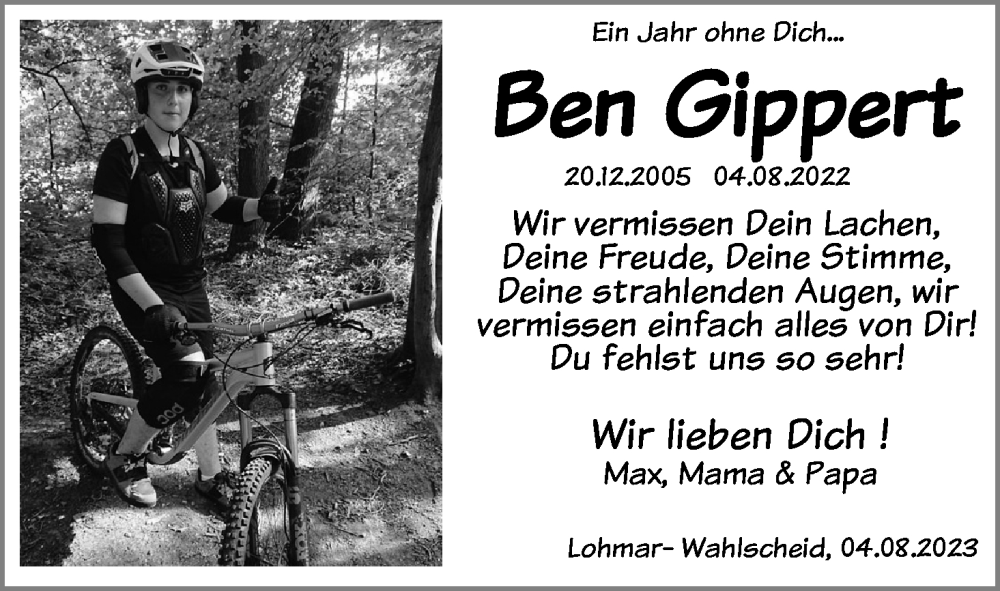  Traueranzeige für Ben Gippert vom 04.08.2023 aus Kölner Stadt-Anzeiger / Kölnische Rundschau / Express