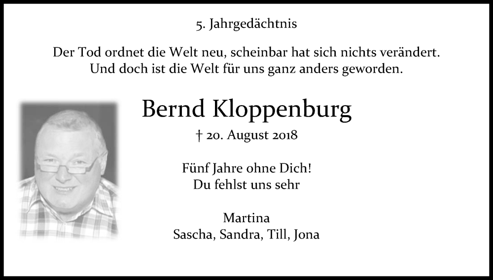  Traueranzeige für Bernd Kloppenburg vom 18.07.2023 aus Kölner Stadt-Anzeiger / Kölnische Rundschau / Express