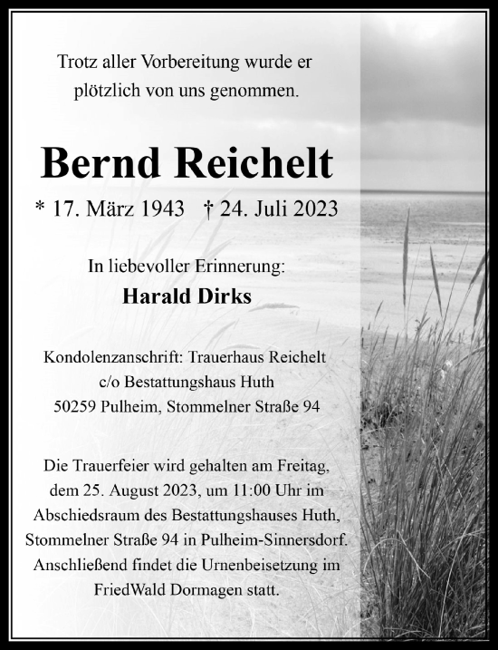 Anzeige von Bernd Reichelt von  Wochenende 