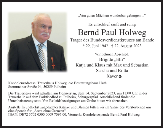 Anzeige von Bernd Paul Holweg von  Wochenende 