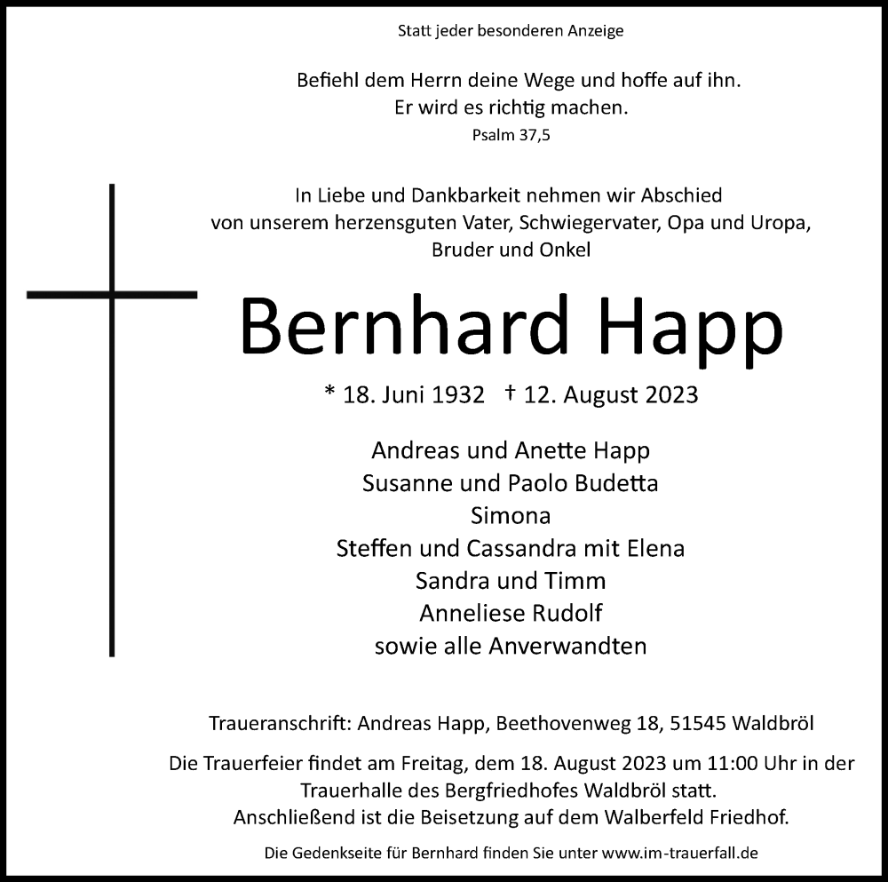  Traueranzeige für Bernhard Happ vom 16.08.2023 aus Kölner Stadt-Anzeiger / Kölnische Rundschau / Express