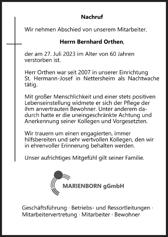 Anzeige von Bernhard Orthen von  Blickpunkt Euskirchen 